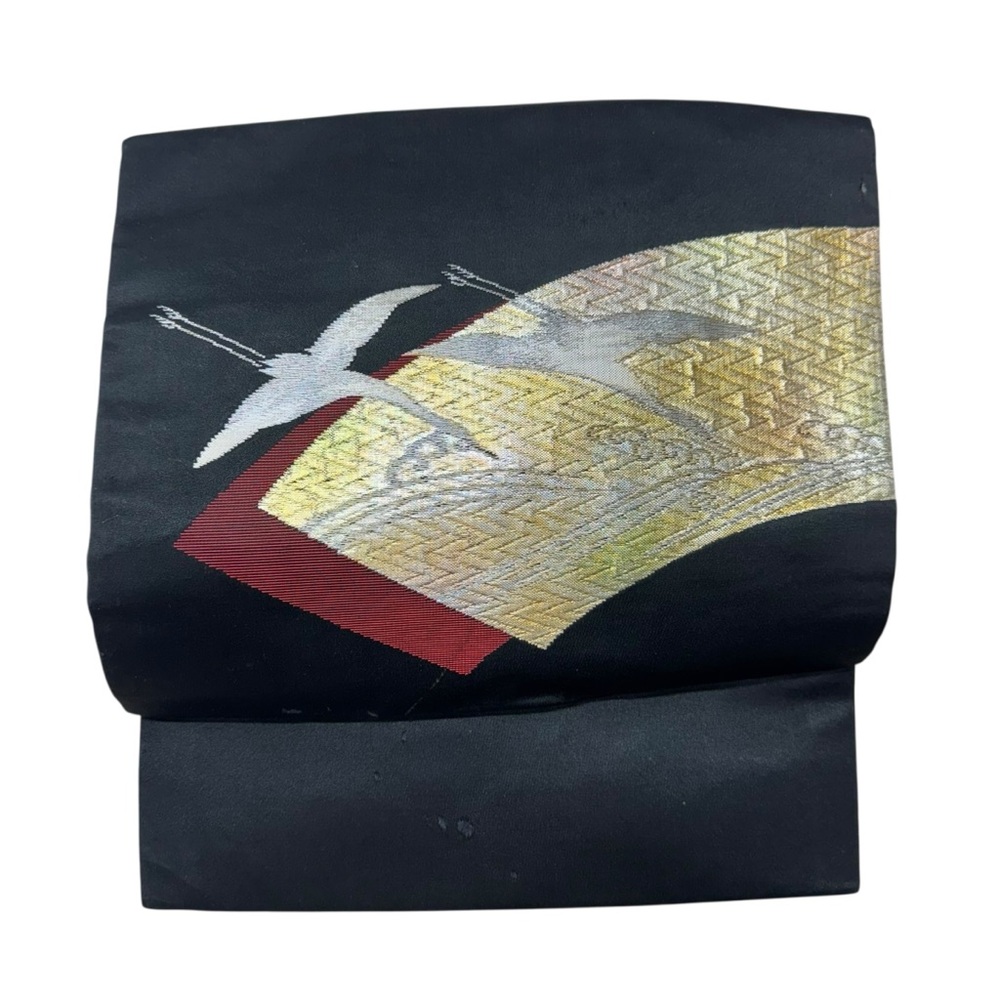 VTG Pre Tied Tsuke Obi Kimono Bow Belt Sash Black Gold Silk Metallic Birds Japan